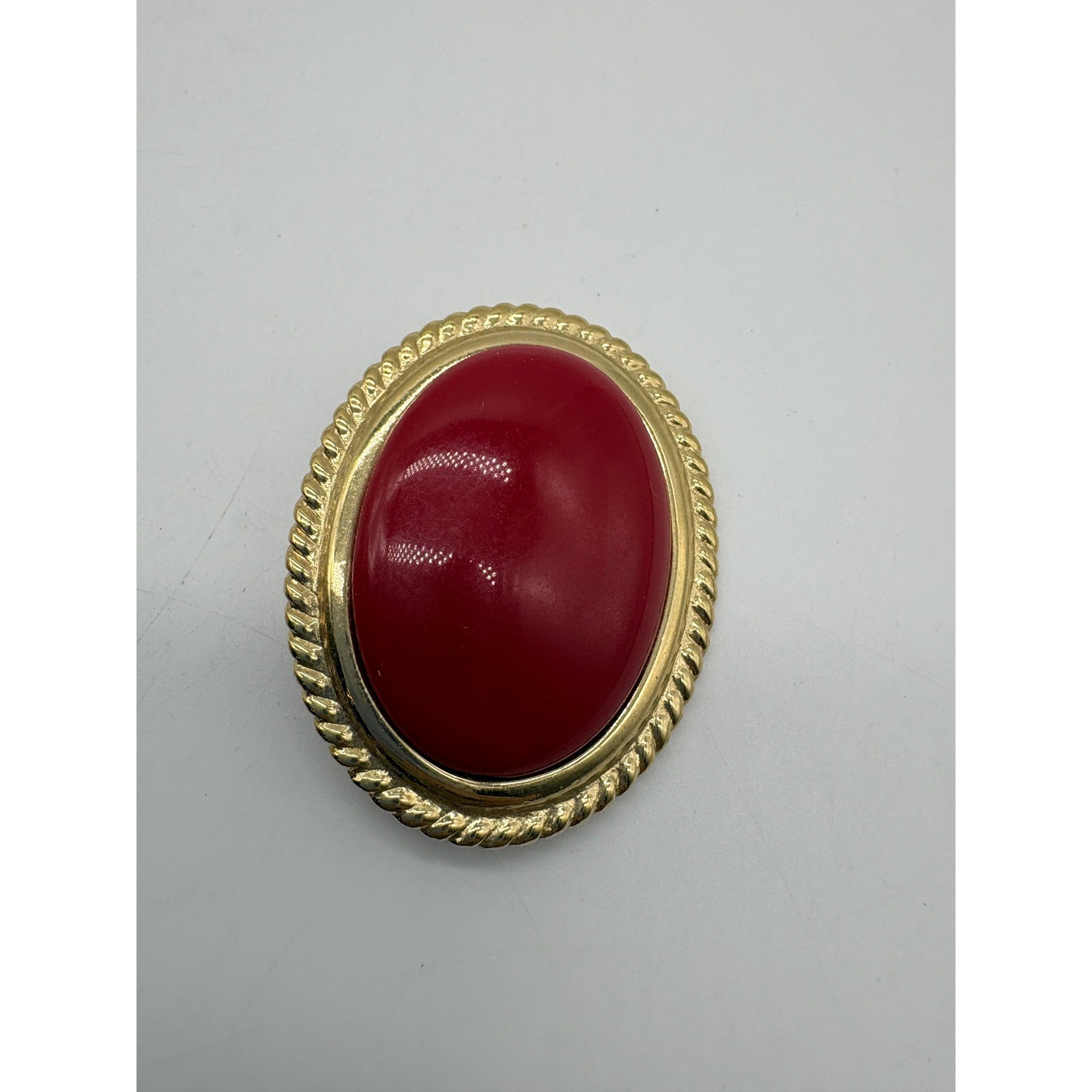 Vintage Gold Tone Red Cabochon Oval Brooch and Clip On Earrings Jewelry Set