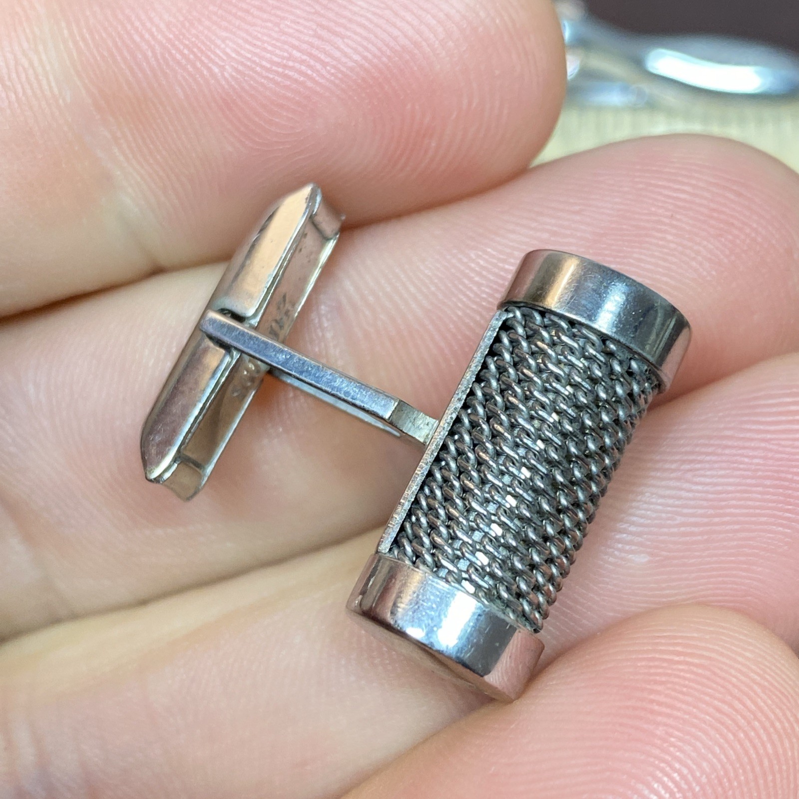 Vtg Round MESH Swank Cuff Links Tie Clip Bar Set (LOOKS LIKE A RETRO MICROPHONE)