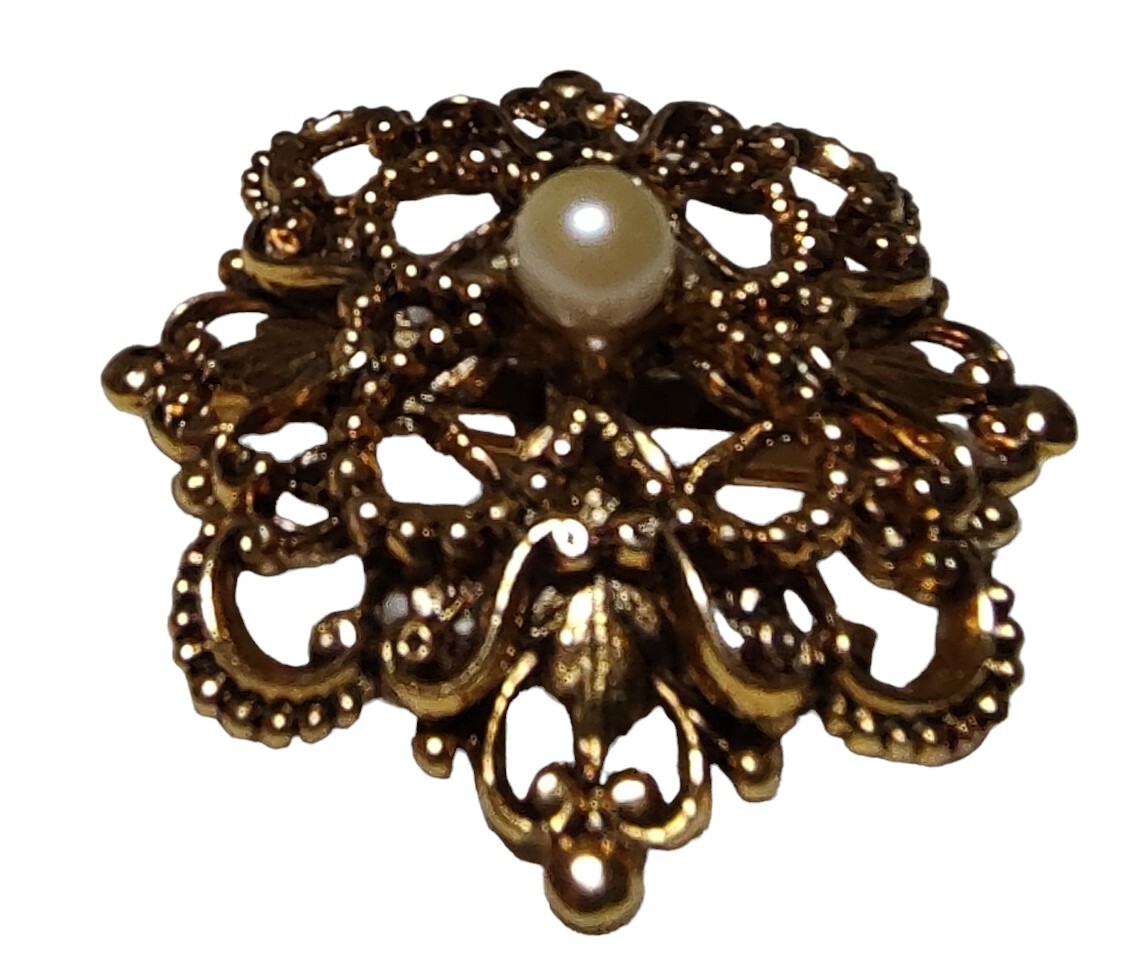 Tacoa Raised Relief Brooch Pin Faux Pearl Floral Filigree Gold Tone Vintage