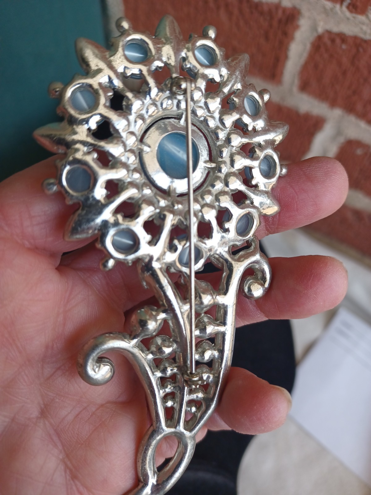 HUGE VINTAGE ART DECO ERA UNSGD CORO ? BLUE MOONGLOW CAB FLORAL RHINESTONE PIN