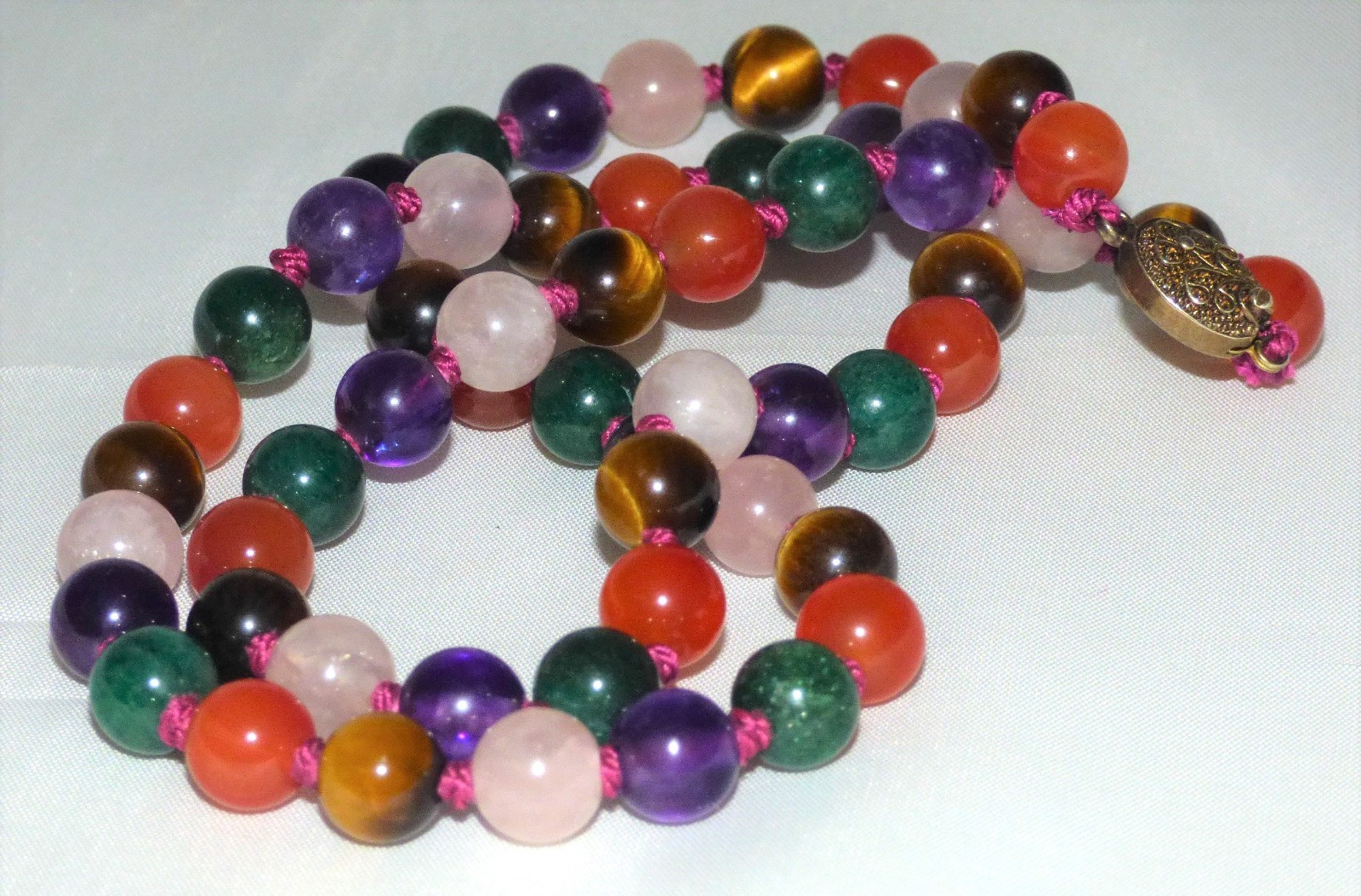 1960s Multi Colour Gemstone Hand knotted Gold Vermeil Silver Clasp Necklace