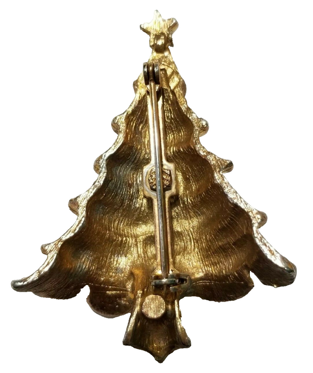 RHINESTONE CHRISTMAS TREE PIN DARKENED GOLD TONE VINTAGE CLASSIC