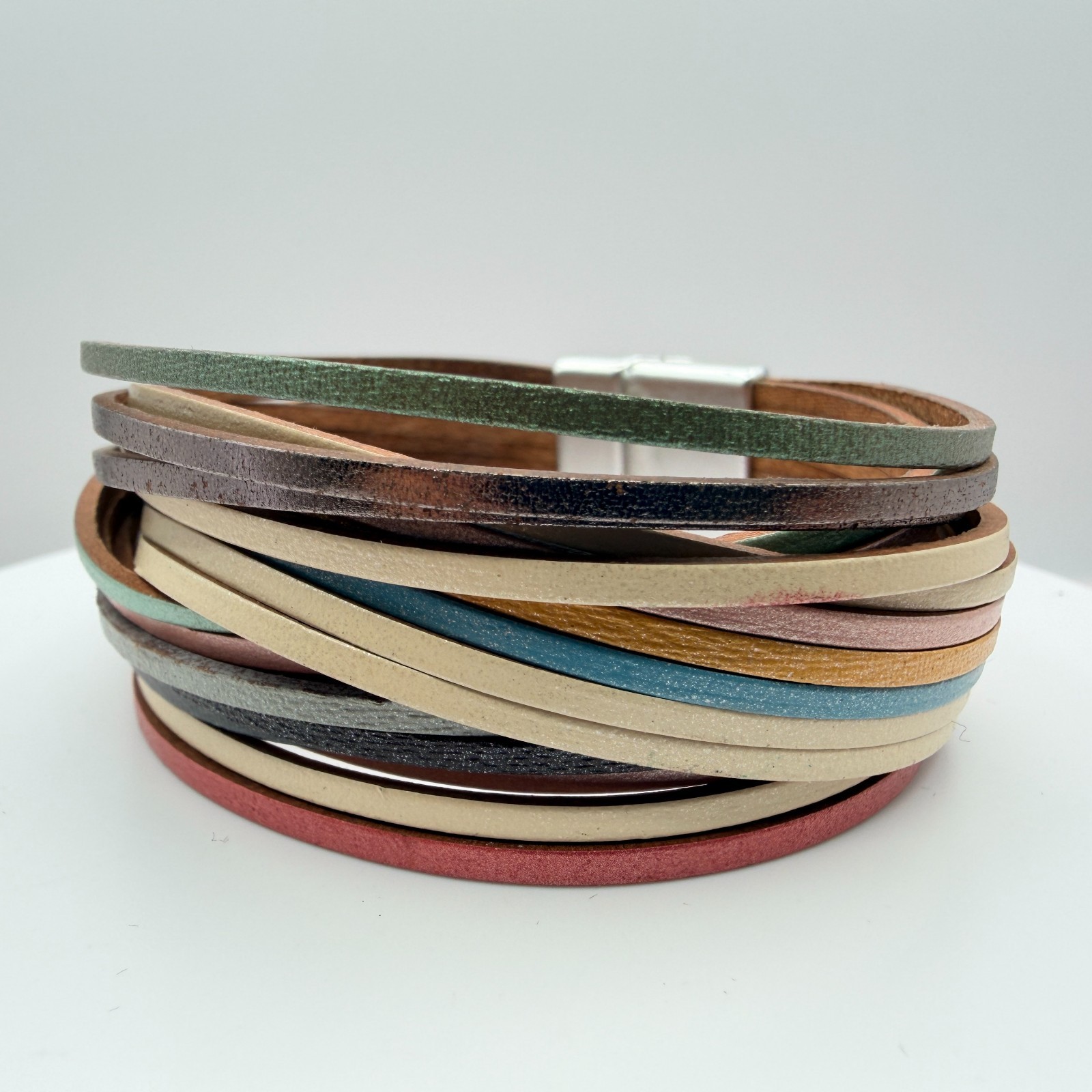 Vintage Multi Strand Leather Wrap Cuff Bracelet Magnetic Clasp Boho Multicolor