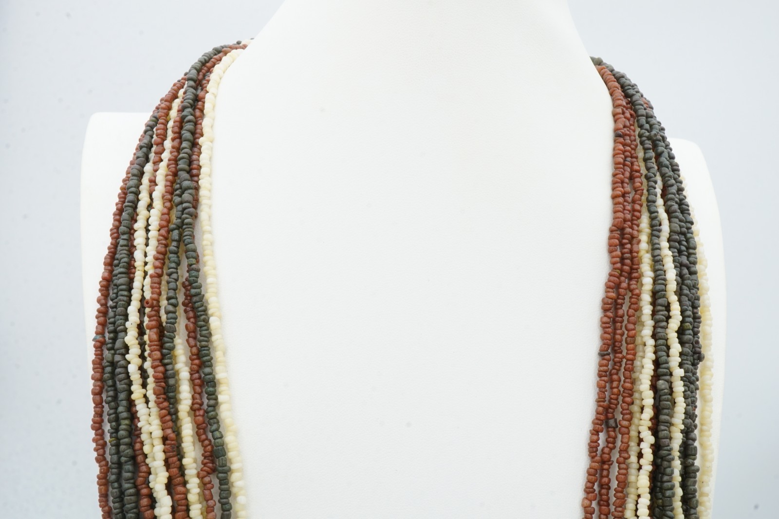 Vintage Necklace Silver Tone White Brown Green Seed Bead 31″