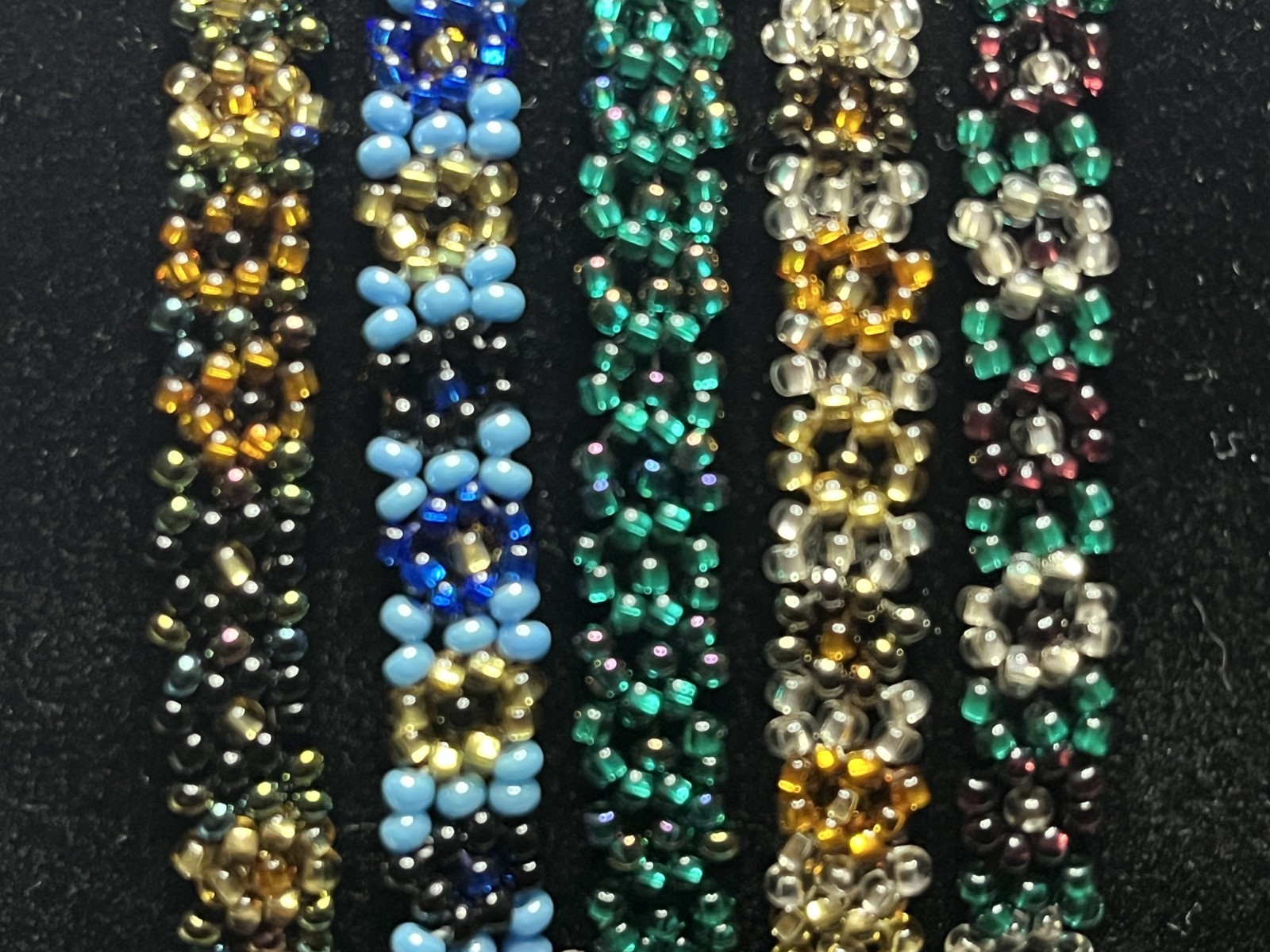 Lot of 5 Vintage Guatemalan Beaded Bracelets – Glass Flower Pattern – One w/Tag