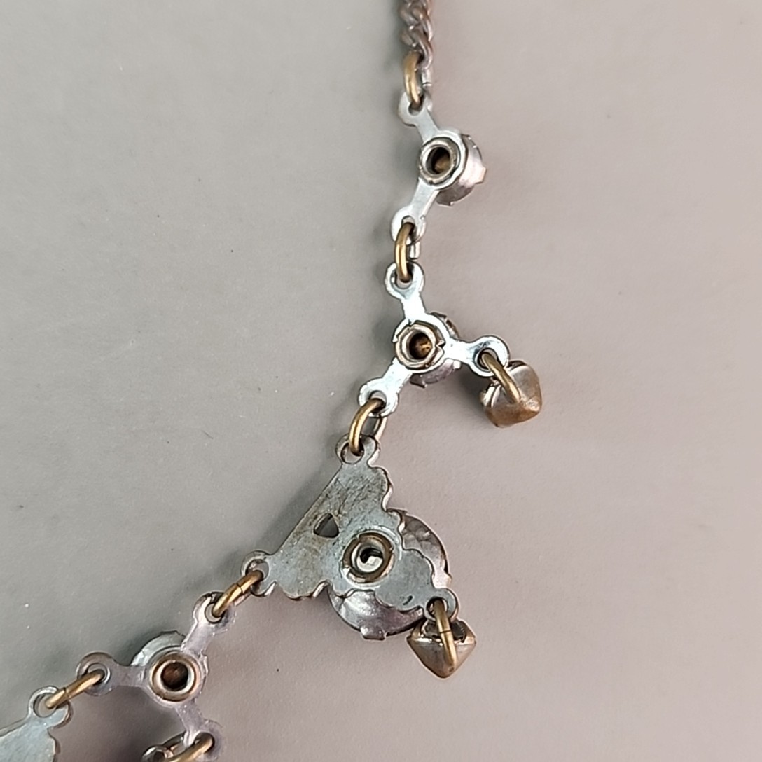 Vintage Rhinestone Necklace Festoon Green Glass Drops Multi-tone 16″ 1940s