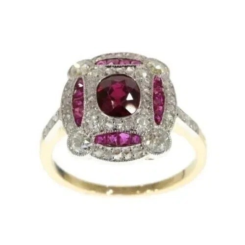 2.95Ct Art Deco Style Red Lab Created Ruby Engagement Wedding 14K Gold FN Ring