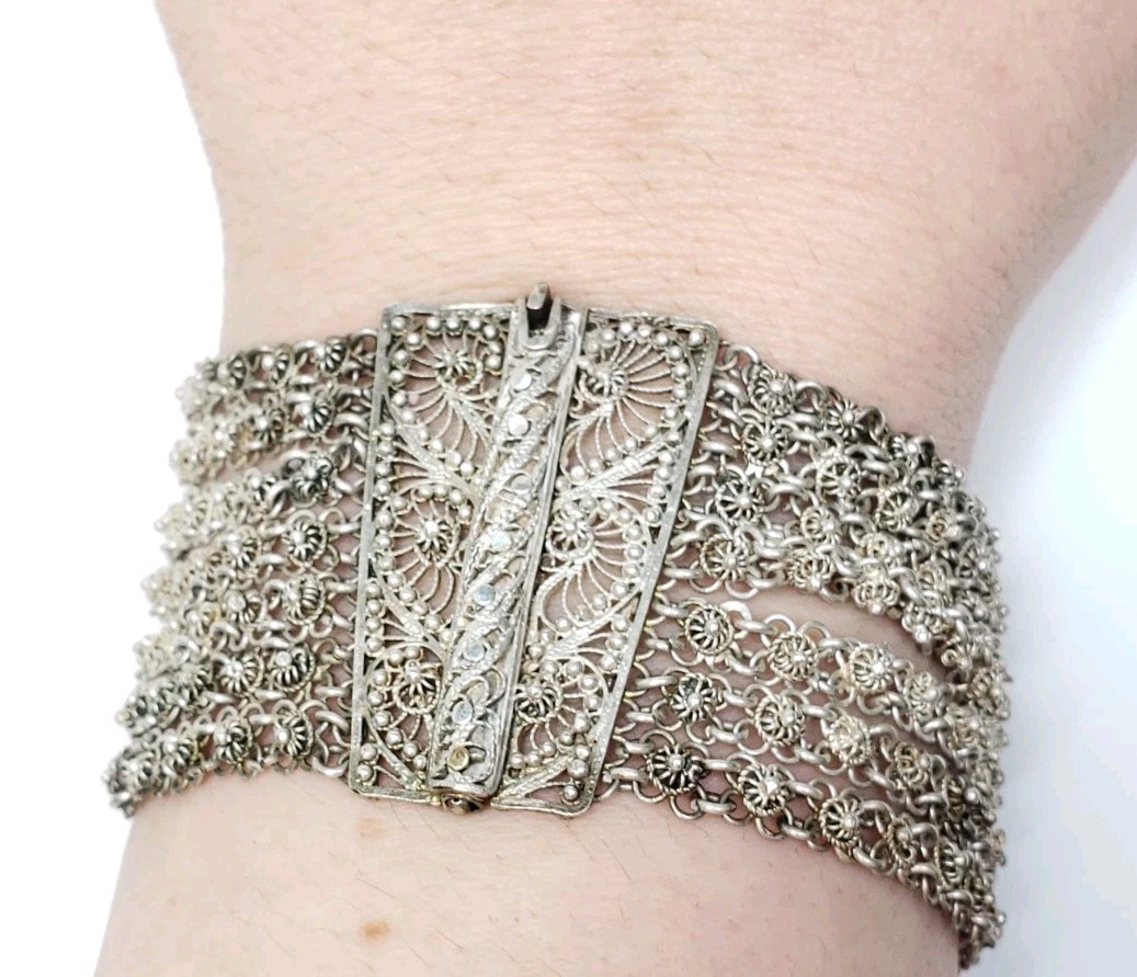 Antique Silver Ottoman Filigree Bracelet 40g 8″ 39mm Wide