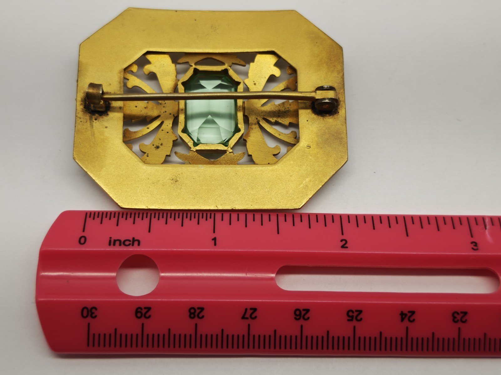 Art Deco Influenced Brooch | Gold Tone, Faceted Green Glass Stone