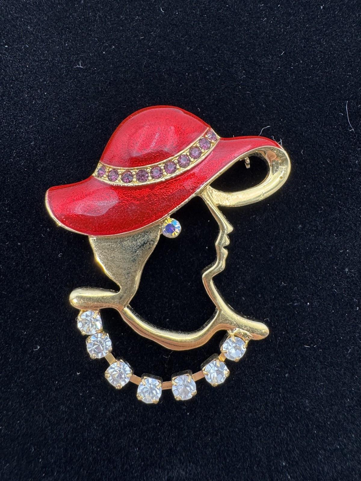 Gold Tone Lady Red Hat Enamel Pin And Gold Tone Faux Pearl Brooch Lot of 2