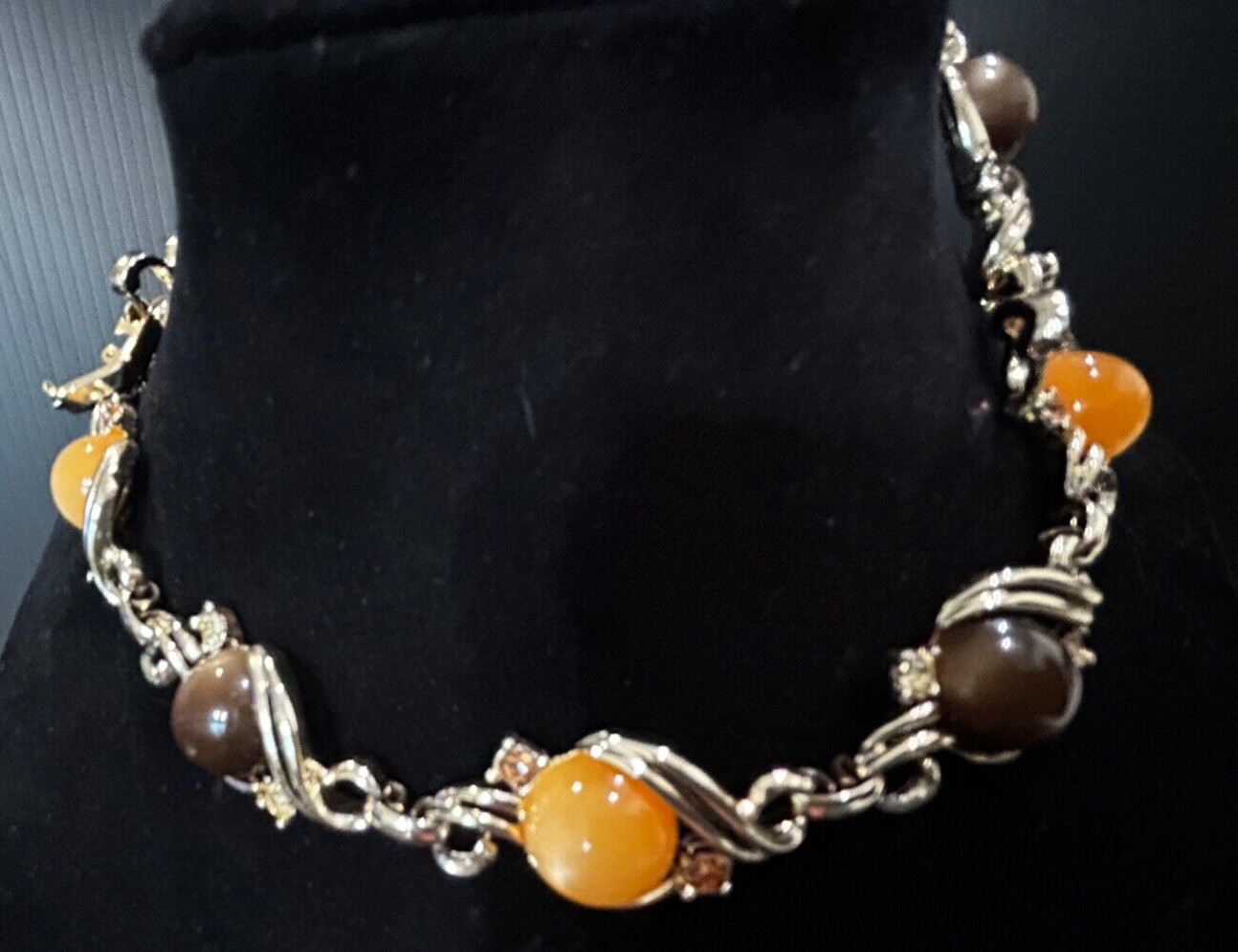Vintage Peach Brown Moonglow Thermoset Lucite Rhinestone Necklace & Bracelet Set