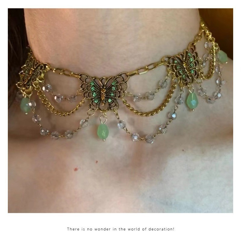 Vintage Butterfly Choker Necklace Gold Tone Crystal Beaded Women Jewelry Gift
