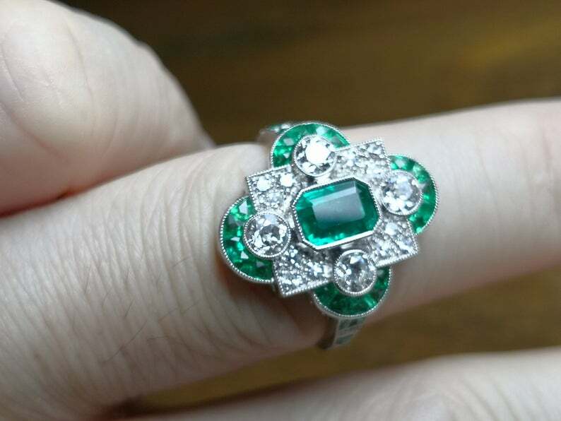 French Art Deco Style Vivid Green Emerald With Shiny White CZ 2.78TCW Fine Ring