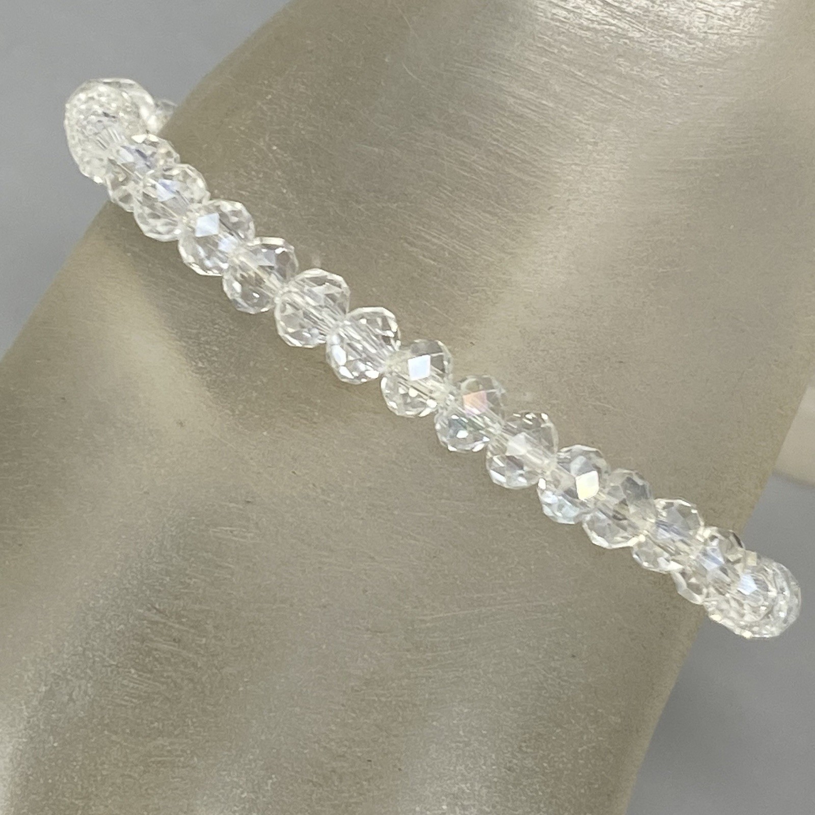 Mini Clear Glass Beaded Bracelet Faceted Rondelle Stretch Fire Polished 7″