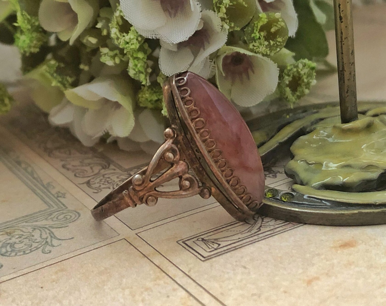 Estate Jewelry Marquise Ring Rare Vintage Soviet Agate Silver 875 USSR Size 10.5