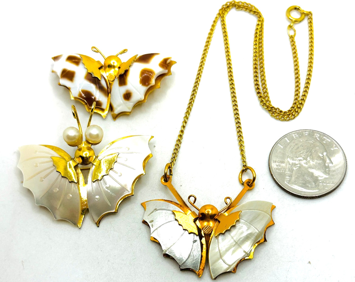 Lot 3 Gold Tone MOP / Shell Moths – 2 Brooches and 1 Necklace EUC