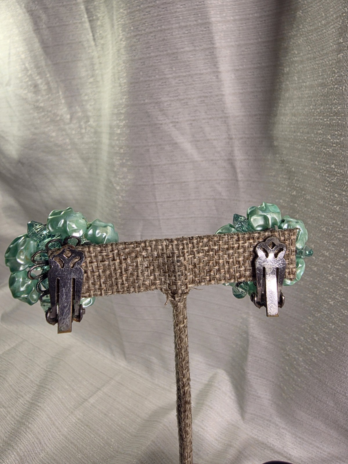 Vintage Light Green Beaded Clip On Earrings, Very Old, Great Condition!