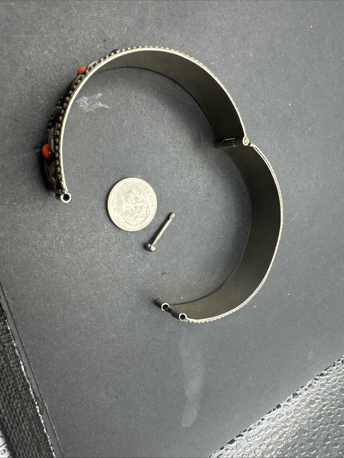 Vintage Silver Toned Hinged Bangle 2.5” Bracelet With Orange Stone 2.5” Opening