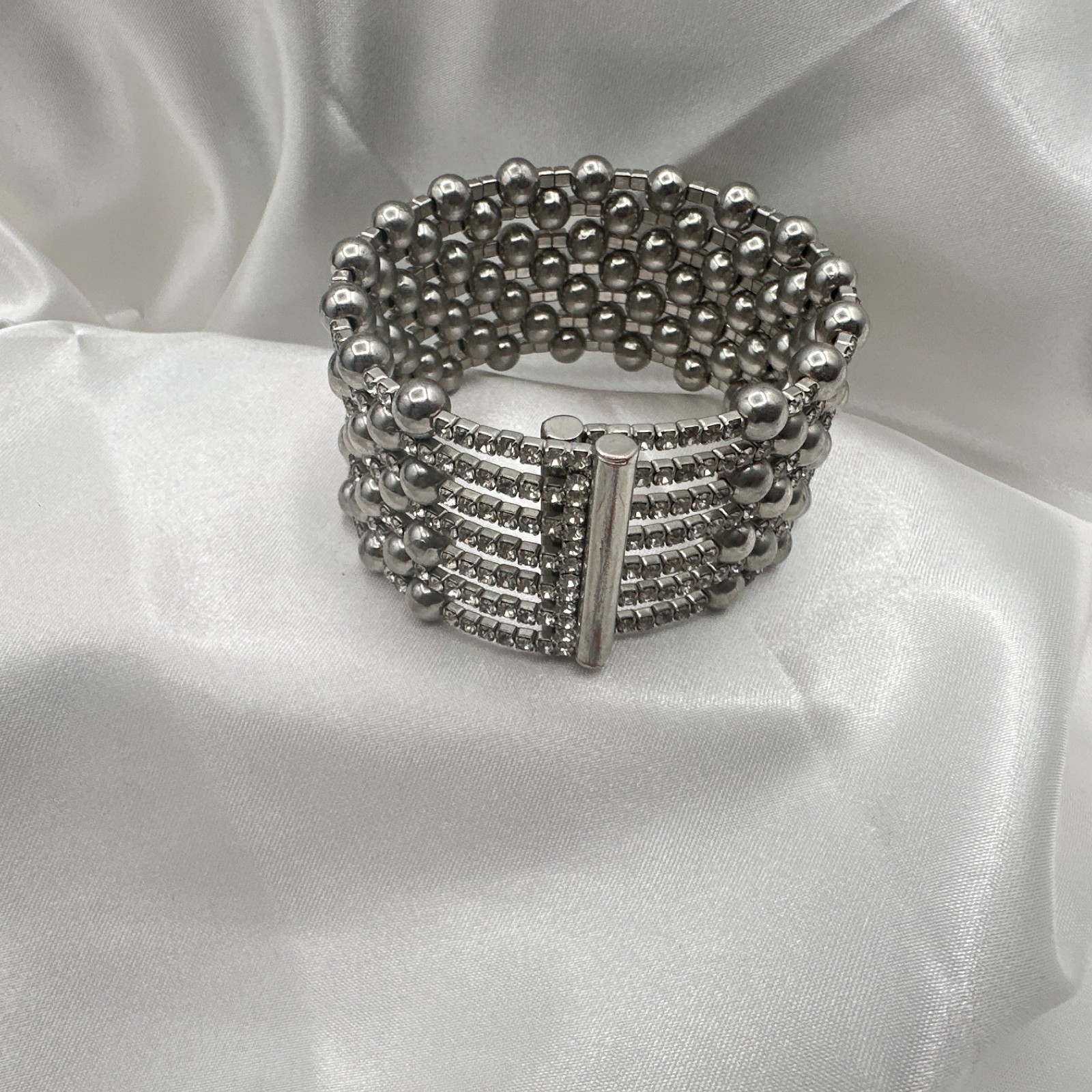 Vintage 90s Silver Tone Multi Row Bead Clear Glass Wide Cuff Statement Bracelet