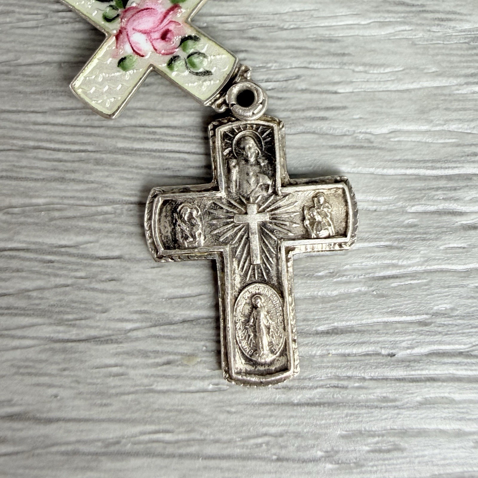 Vintage Possibly Antique Silver Guilloche Slider Rose Cross Necklace Pendant