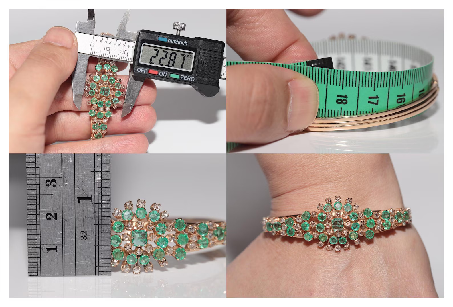 Antique Circa 1900s 14k Gold Natural Rose Cut Diamond And Emerald Bracelet