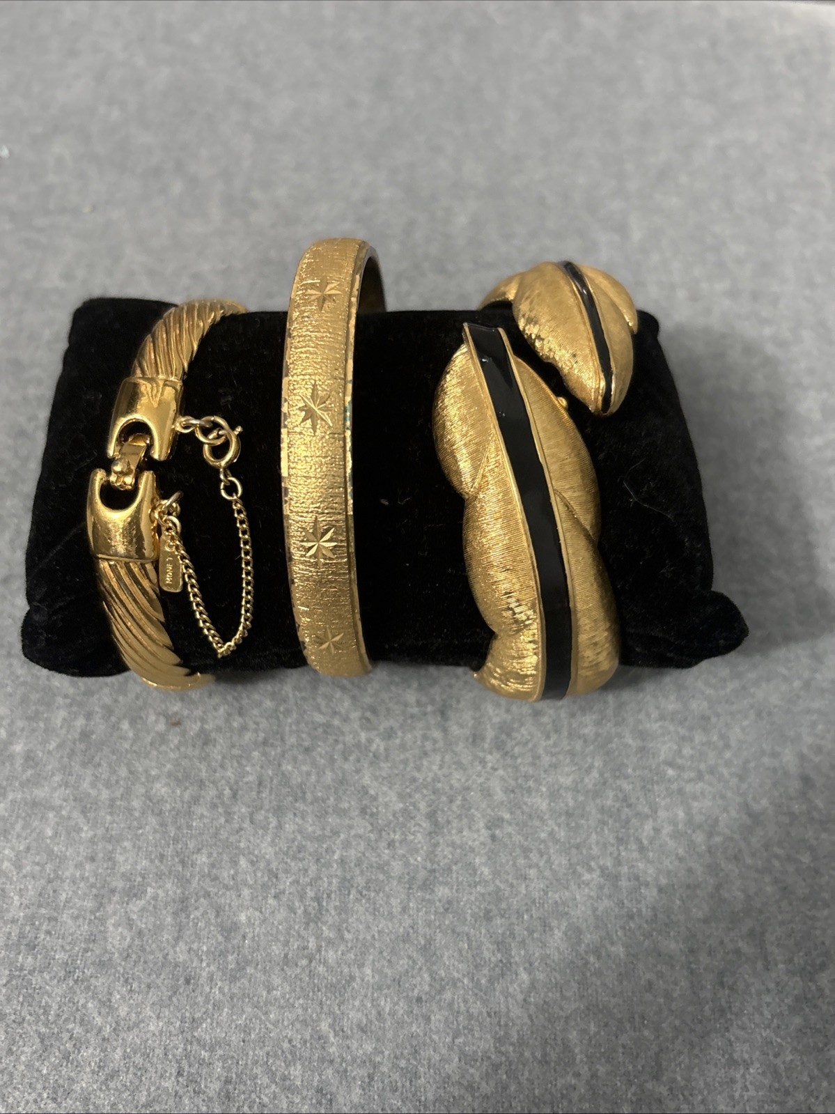 Vintage Monet Gold Tone Bracelet Bangle Lot Of 3 Clamper Bar Link Safety Chain