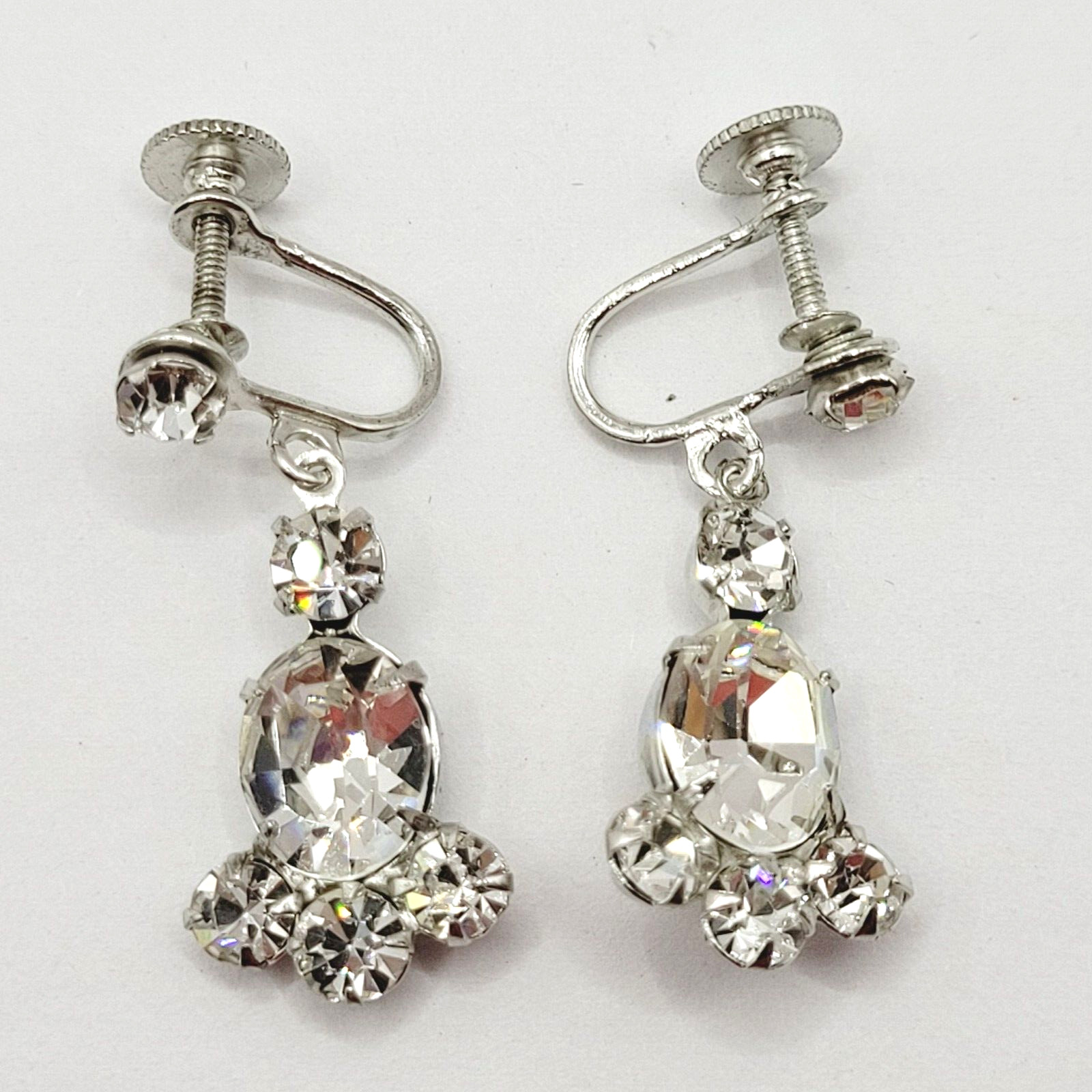 Crystal Rhinestone Cluster Silver Tone Drop Dangle Screw Back Vintage Earrings