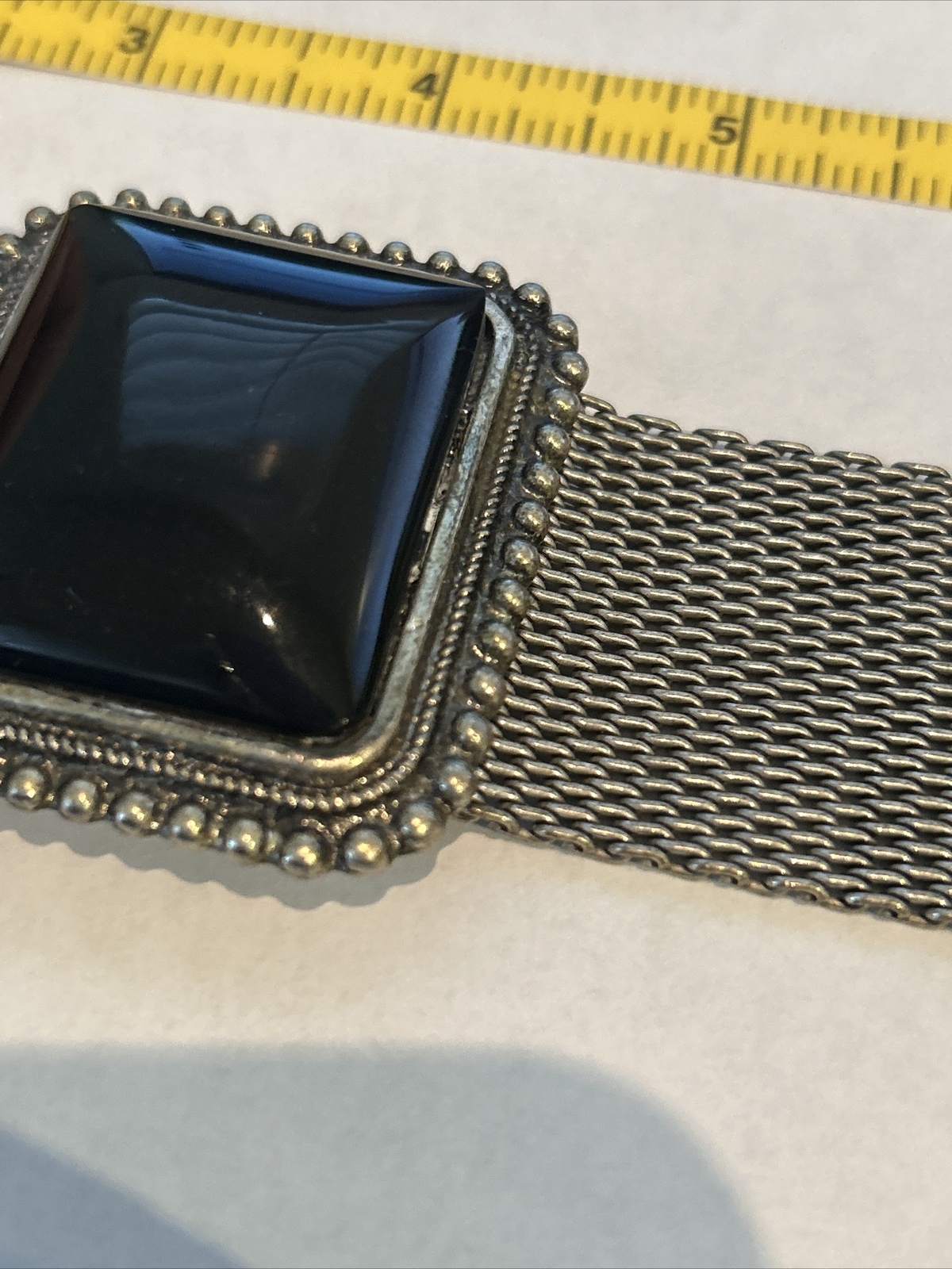 Chunky Vintage Look Silver Tone With Black Central Stone Art Deco Mesh Bracelet