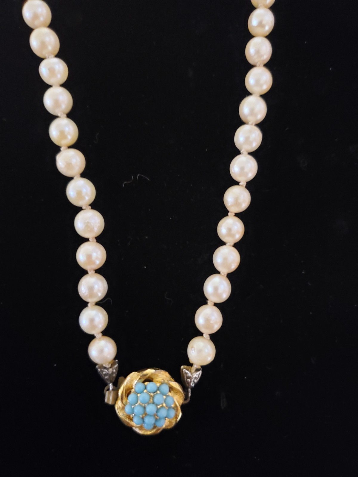 Vintage Single Strand Pearl Hand Knot Necklace Ornate Gold Turquoise Clasp Gift