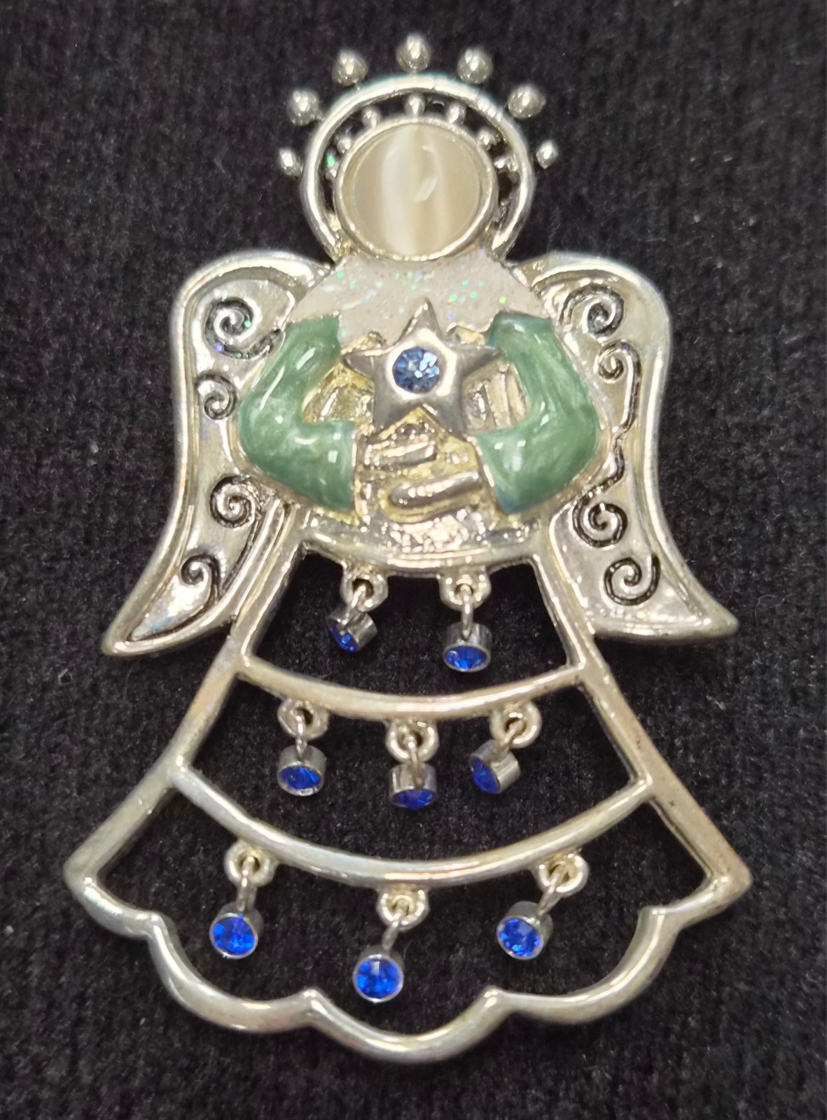 Estate Christmas Holiday Angel With Wings Blue Rhinestone Dangles Pin / Brooch