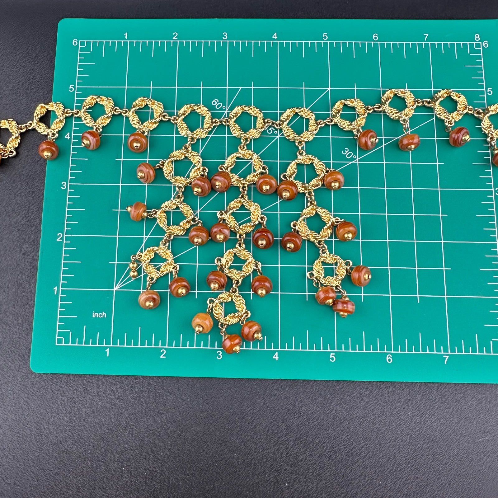 Vintage Statement Necklace Bib Fringe Hammered Gold Tone Link Agate Bead Dangles