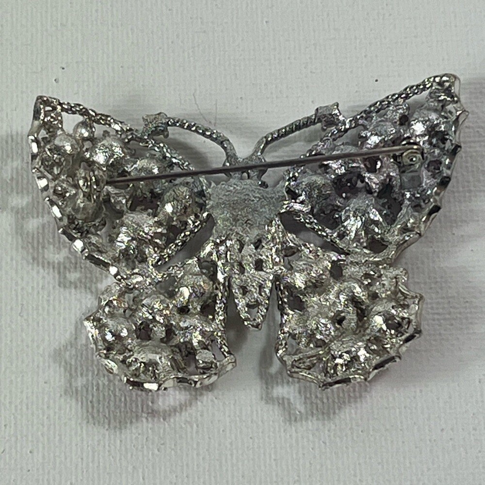 Elegant Pink Butterfly Brooch Pin Multi-colored Rhinestones Approximately 2” Vtg