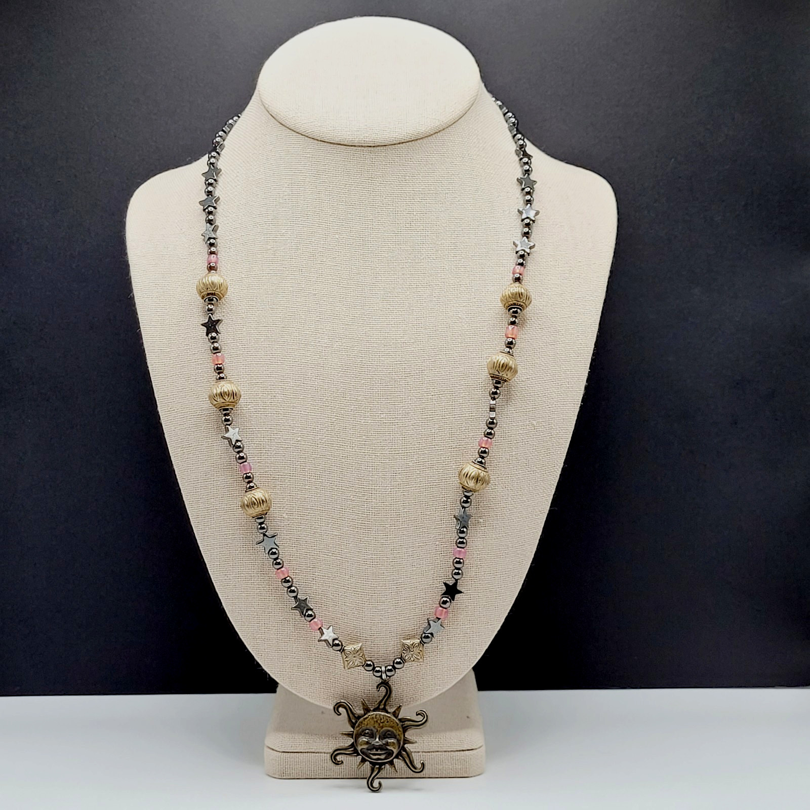 Celestial Sun Stars Black Hematine Bead Pendant Gold Tone Cone Ends Necklace