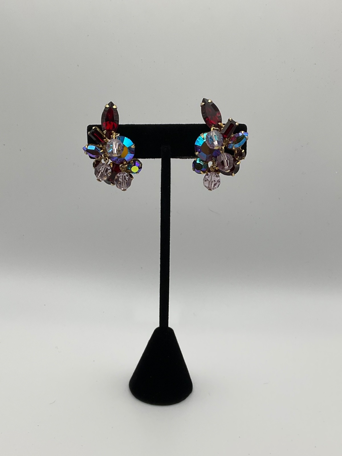 Signed Kramer Ruby Red AB Rhinestone Dangle Clip On Earrings VTG