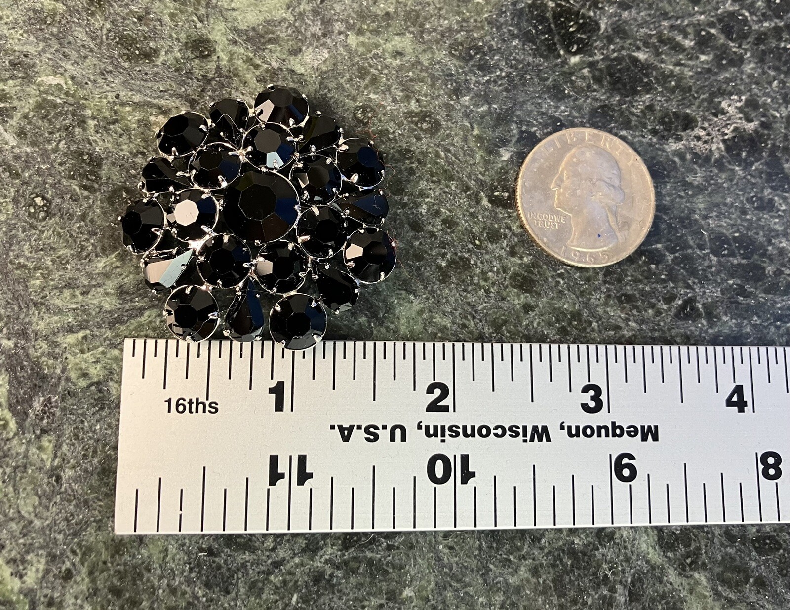 Vintage Silver Tone Open Back Brooch Pin With Black Faceted Prong Set Stones