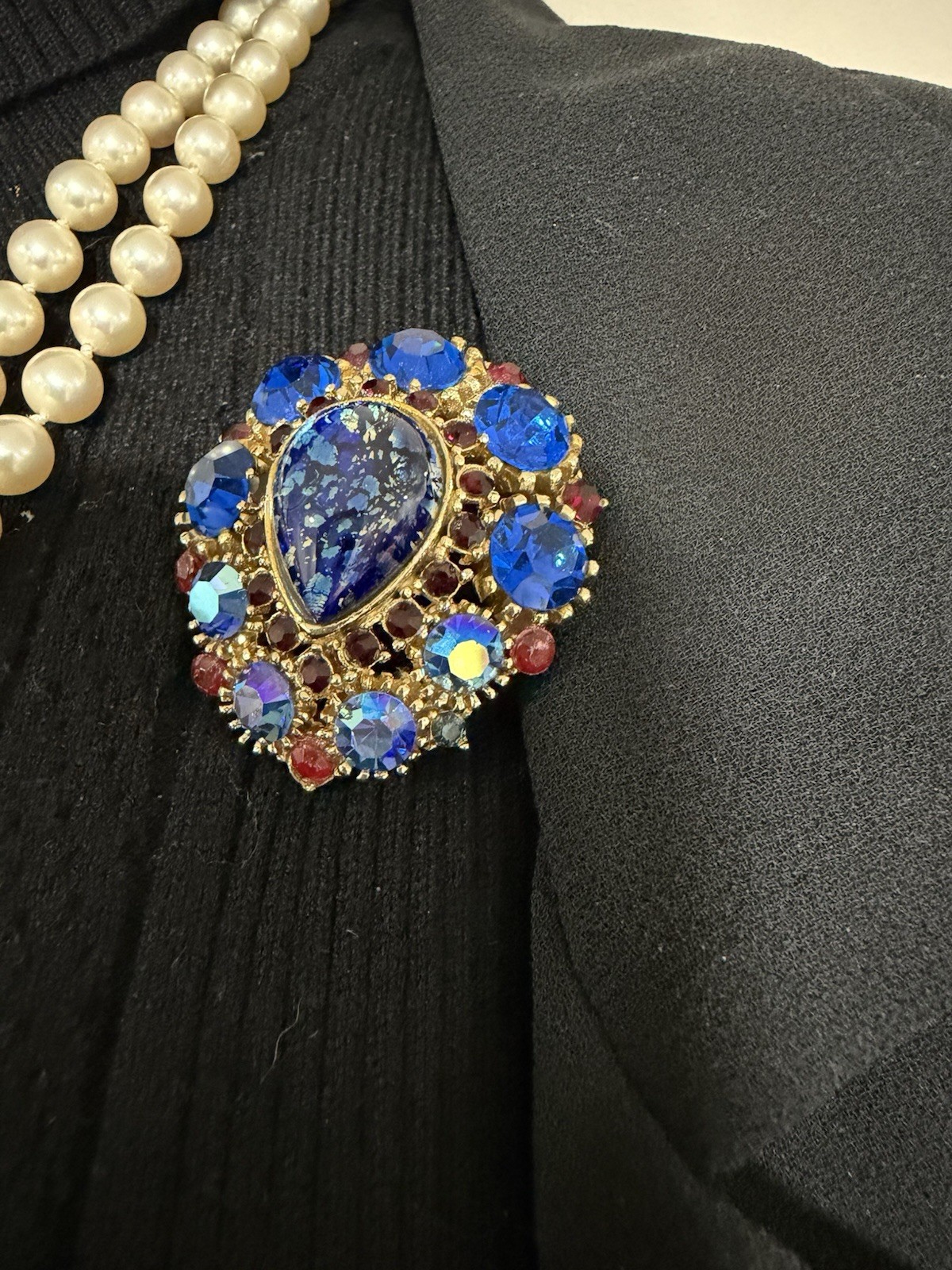 Vintage Brooch Center Teardrop Colbalt Blue AB Rhinestone Ruby Red Accent Stones