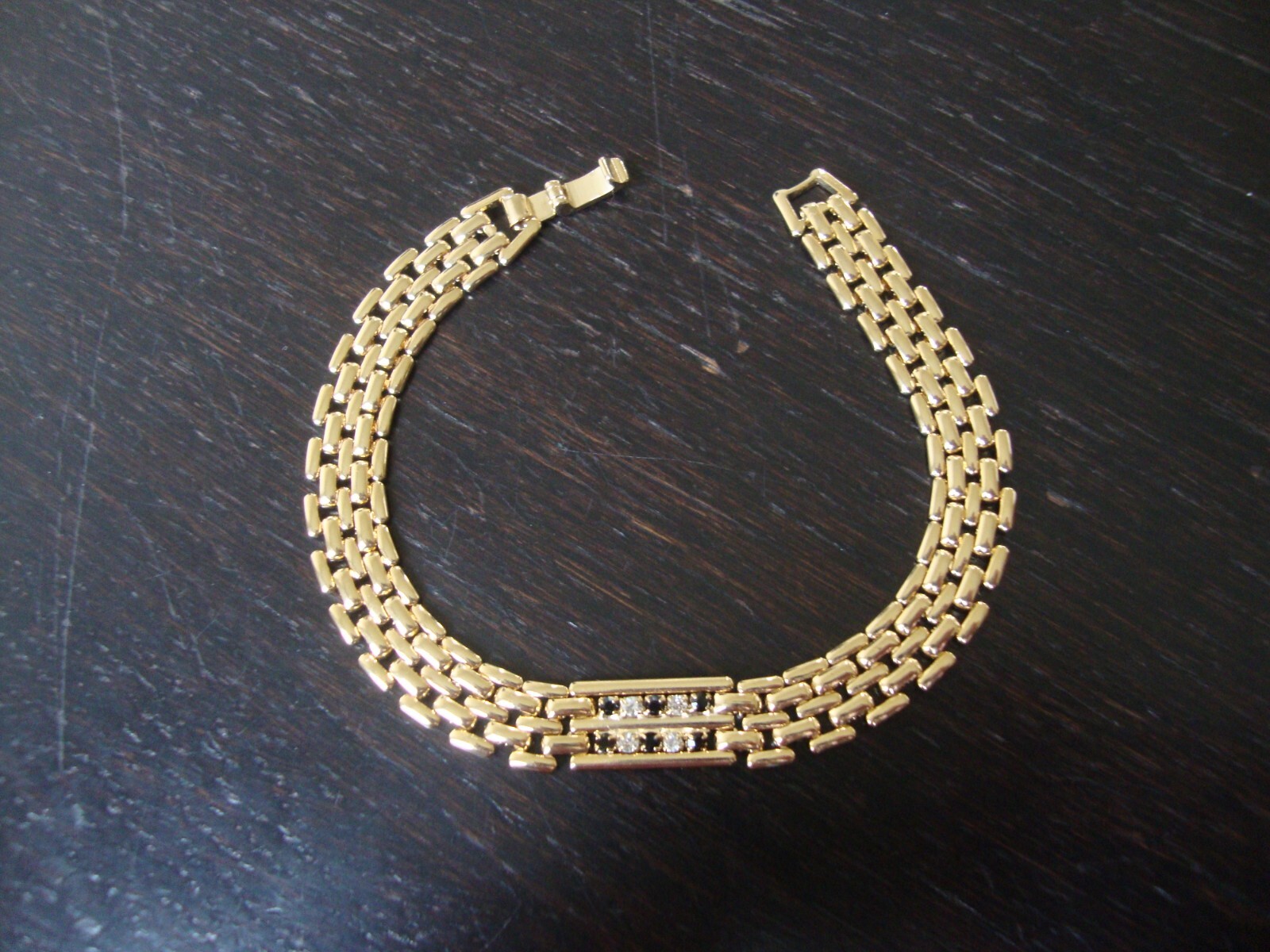 VINTAGE TINY BLACK & CLEAR RHINESTONES GOLD PLATED FLEXIBLE FLAT LINK BRACELET