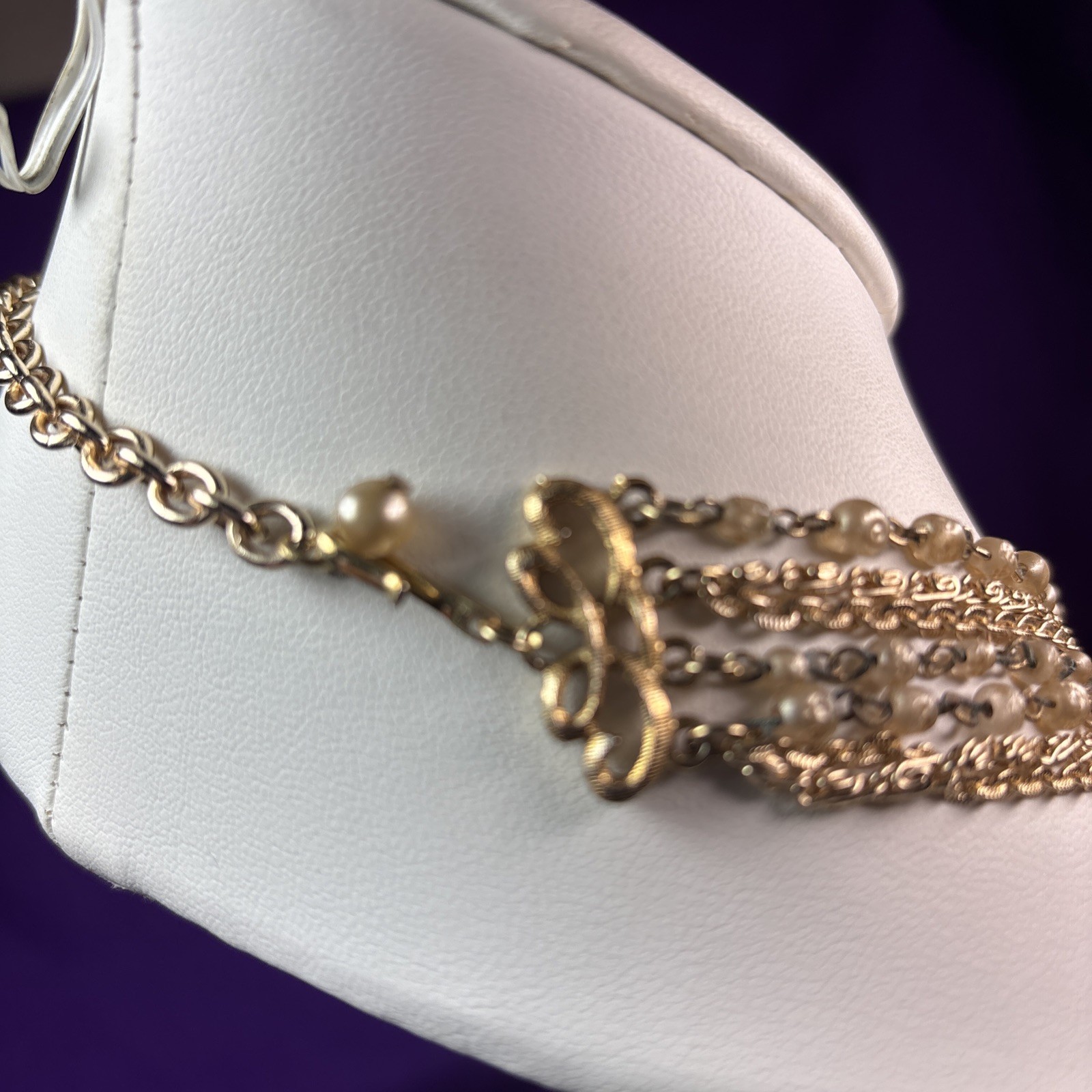 Vintage Multi-Strand Layered Gold Chain W/Faux Pearls Drape Necklace N34
