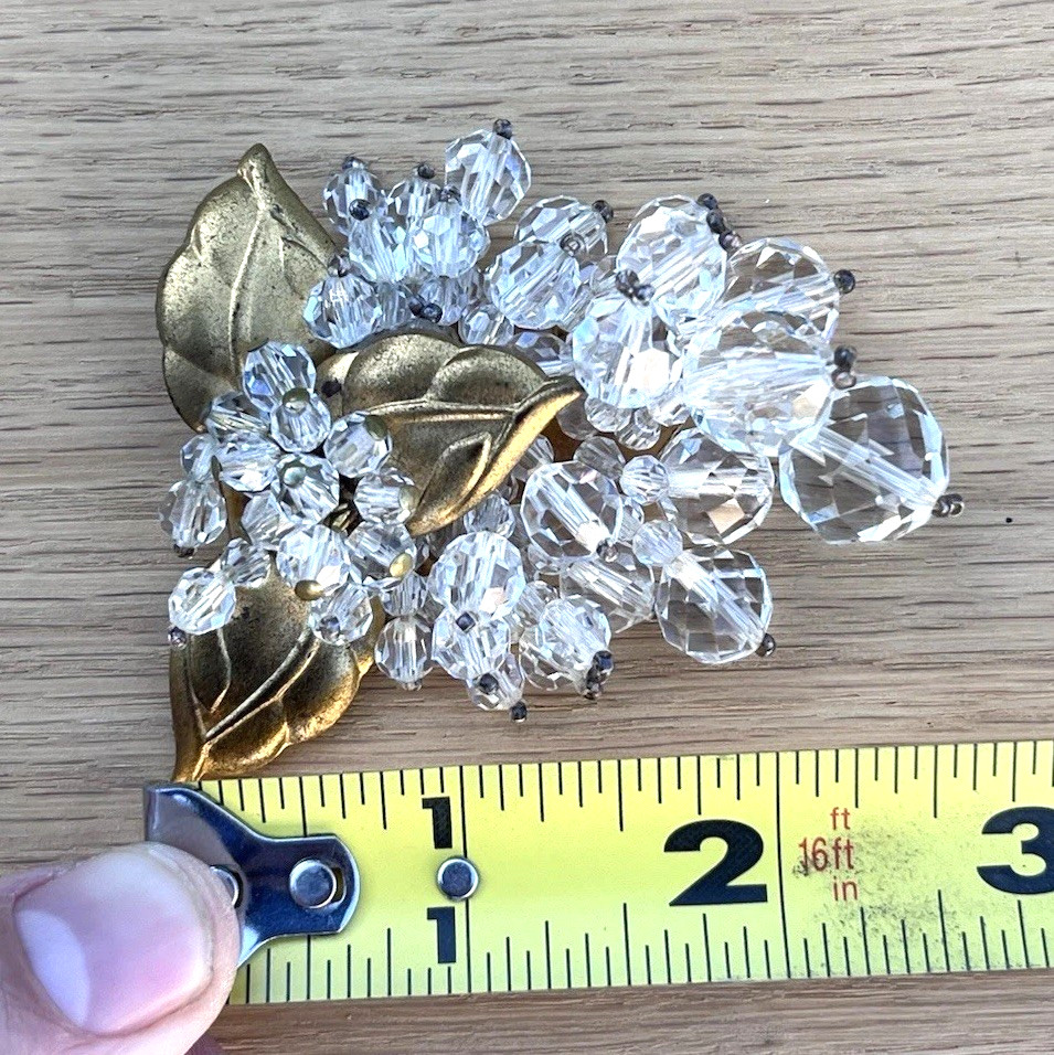 Antique 1930s Fur Dress Clip Brooch Clear Glass Cut Beads Grape Cluster Leaves