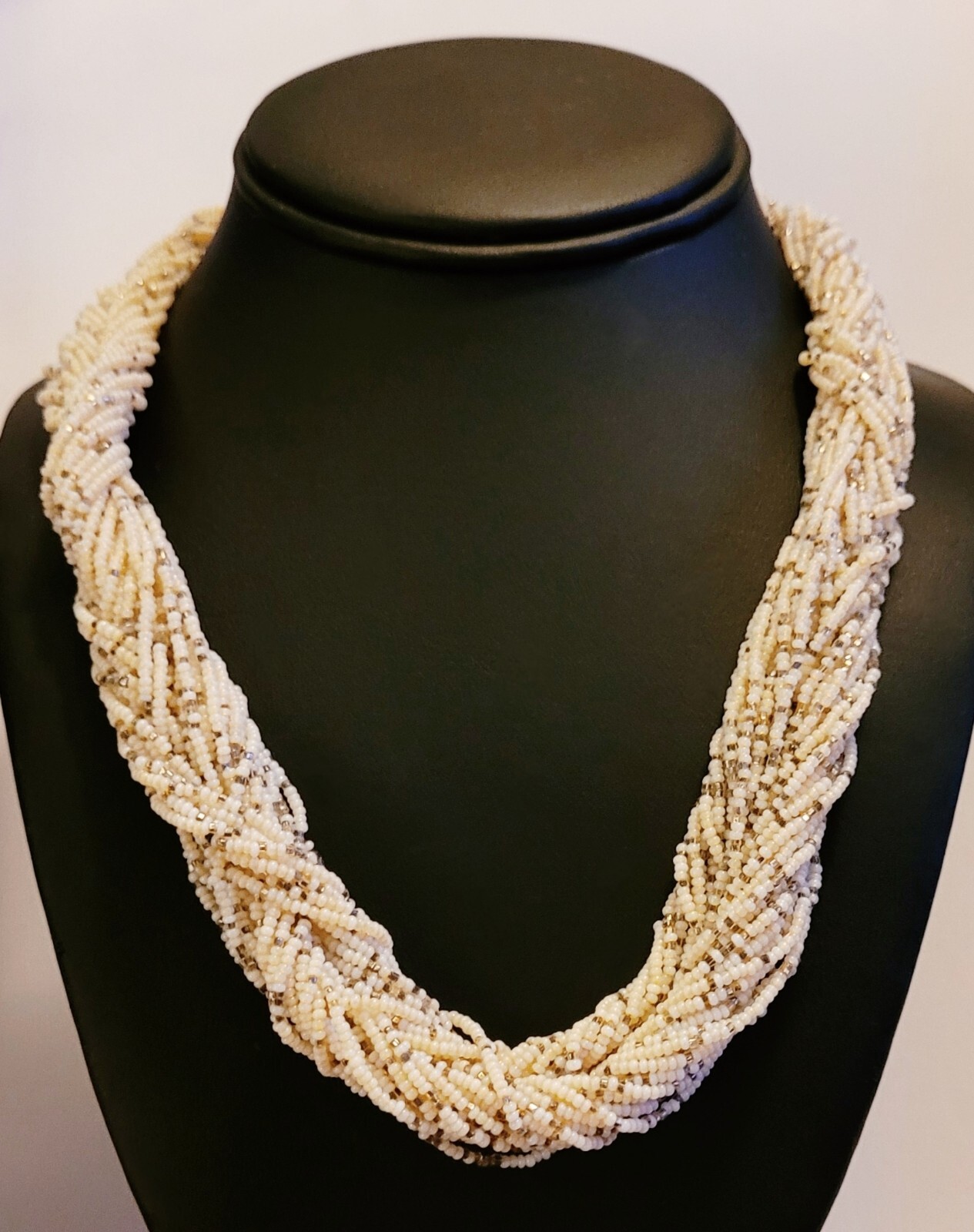 Beautiful Vintage Multi-strand Ivory and Gold Seed Bead Necklace