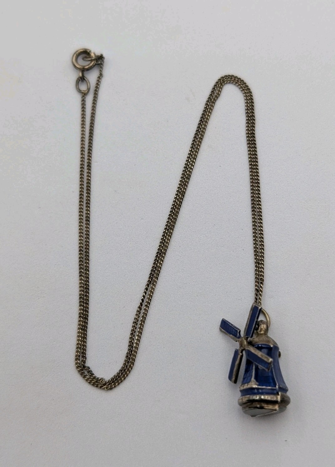 Antique 835 Silver Blue Enamel Articulated Windmill Pendant 16.75″ Curb Necklace