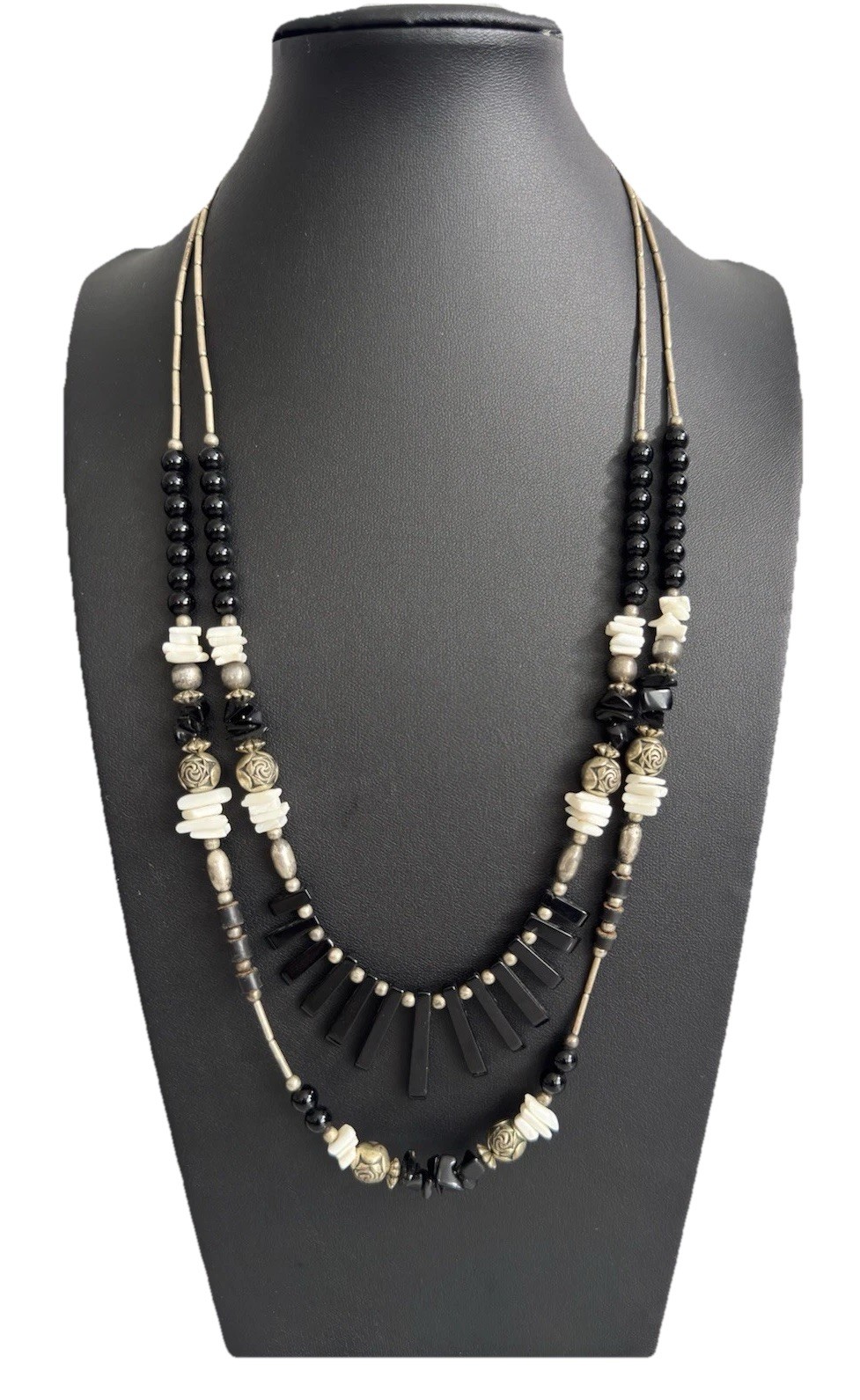 Vtg Silver Tone Liquid Silver Black Onyx Bead & Fringe 2-Strand Layered Necklace