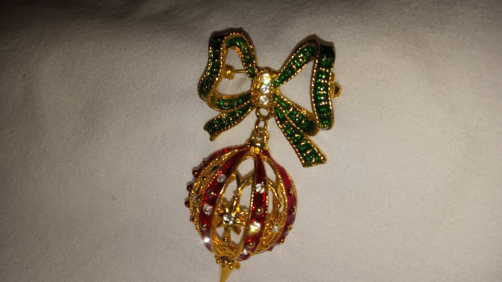 Gold Tone Green, Red Faux Diamond Christmas Ornament Pin 2 1/2 Inches