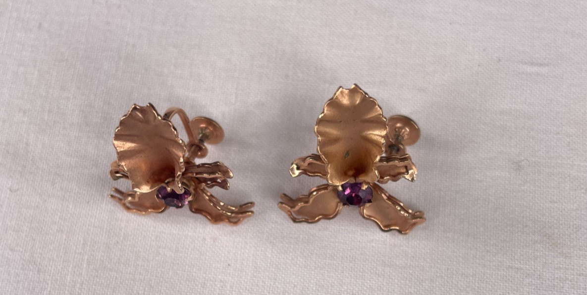 VTG Signed BN Orchid Flower Purple Crystal Rose Goldtone Screw Back Earrings