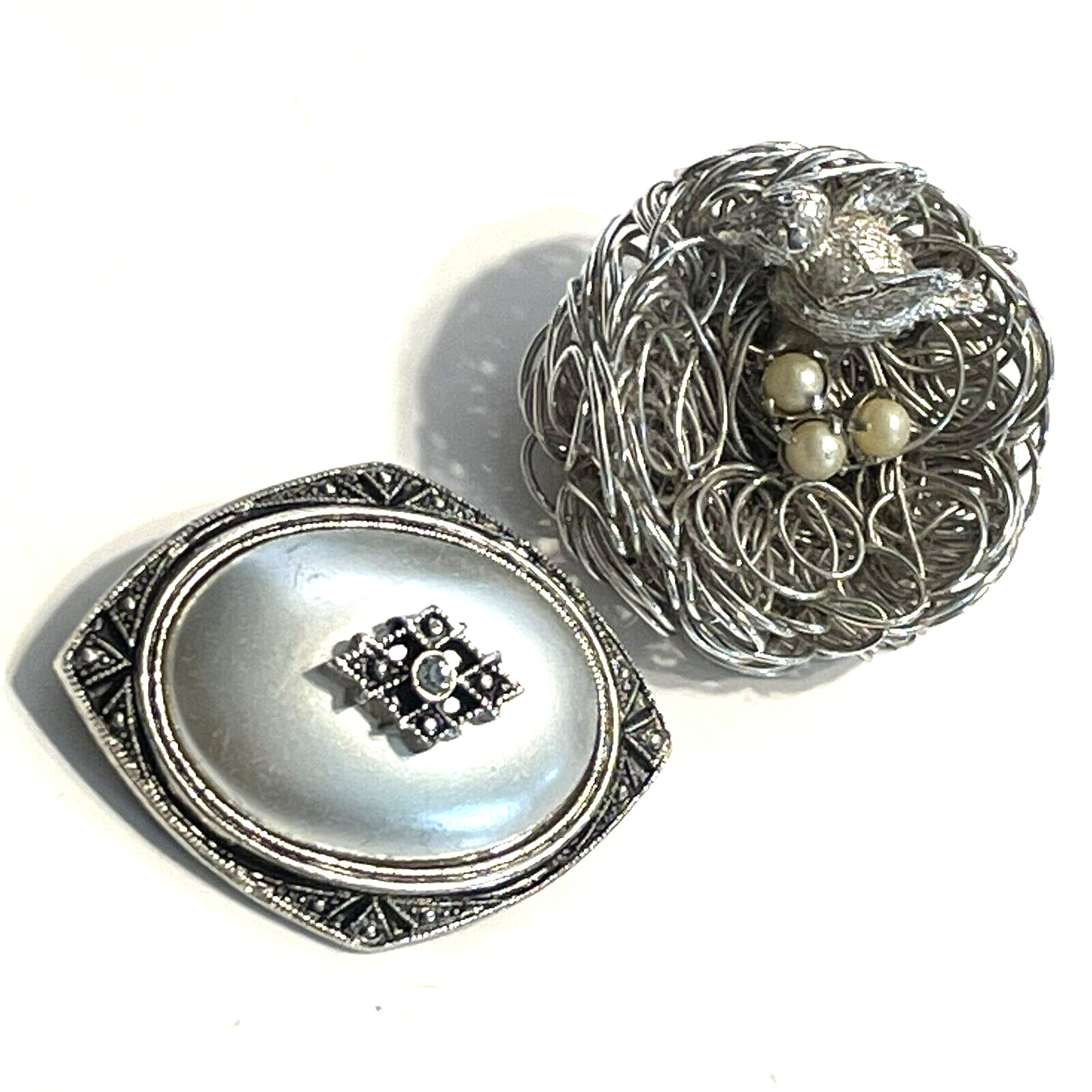 Pair of Silver Tone Brooches Bird & Nest w/Faux Pearl Eggs + Avon Brooch/Pendant