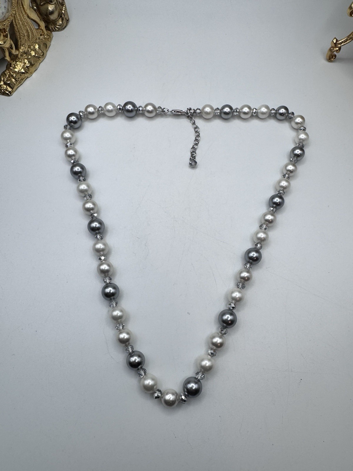 Vintage Elegant Gray and White Faux Pearl And. Crystals Necklace 16”- 18” Long