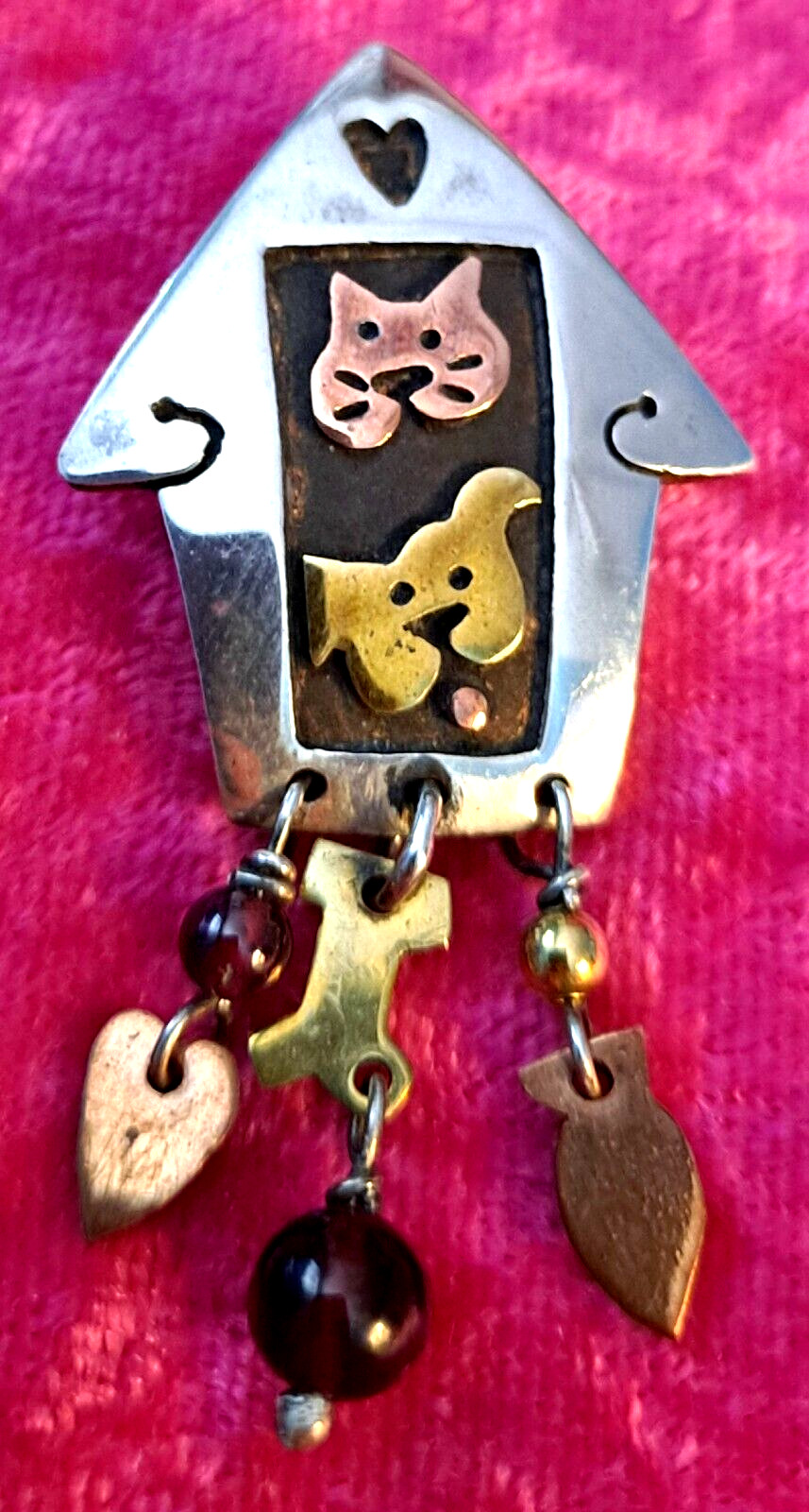 Vtg Far Fetched Dog Cat in A House Pin Sterling Silver Mixed Metals 3-D Mexico