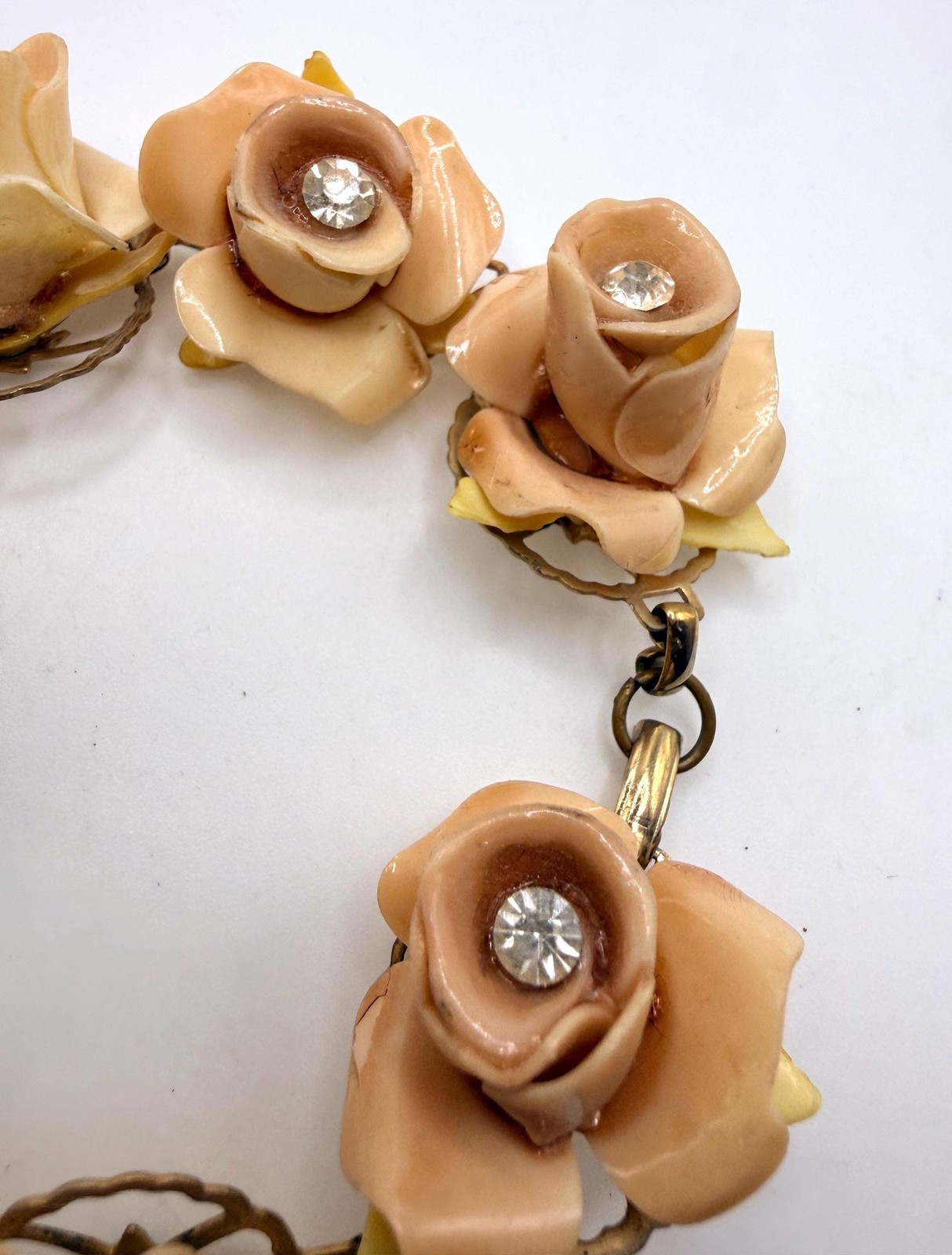 Vintage muted pink celluloid rose rhinestone bracelet
