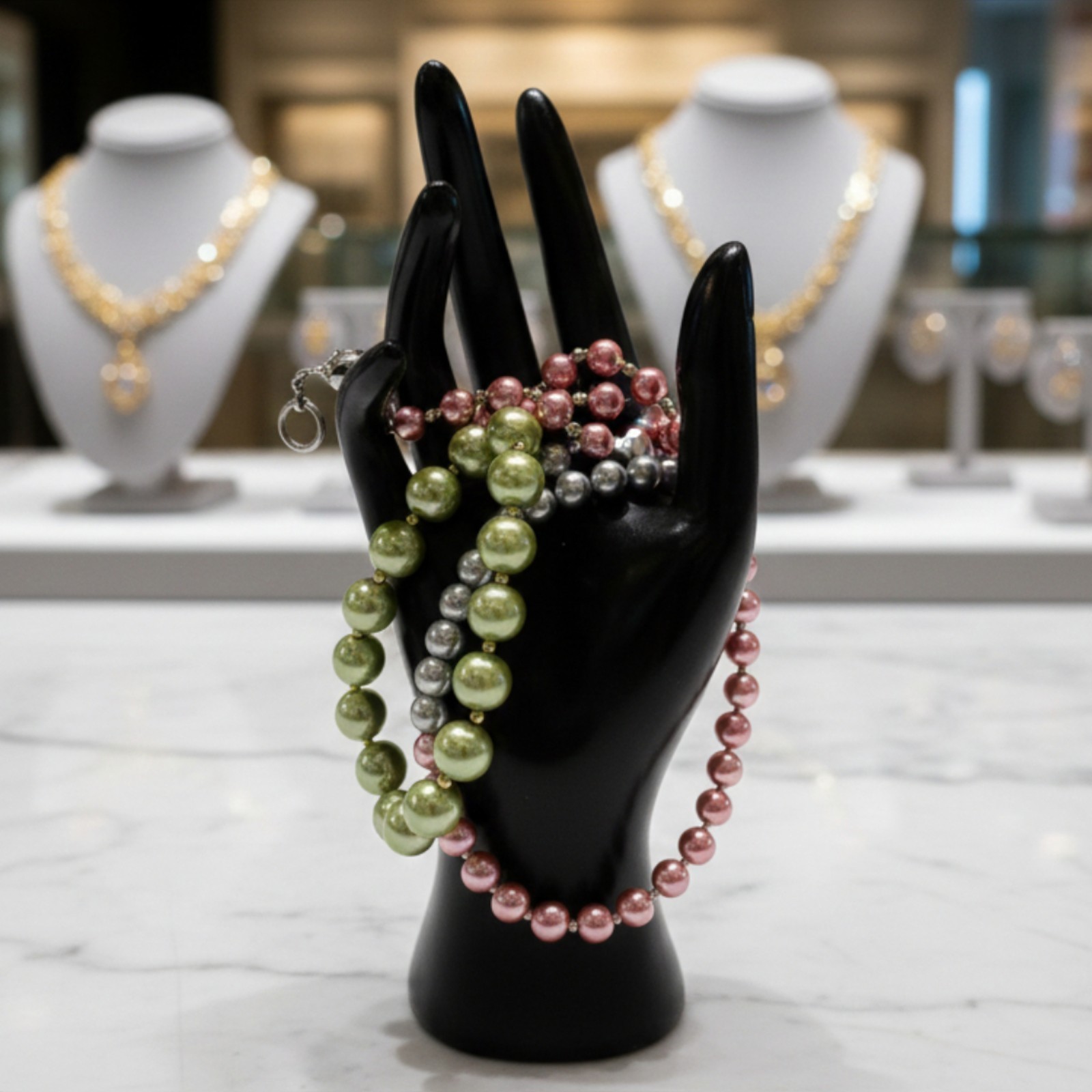 Vintage Pastel Faux Pearl Bracelets Gray Green Pink Jewelry Set of (3) 7.25″