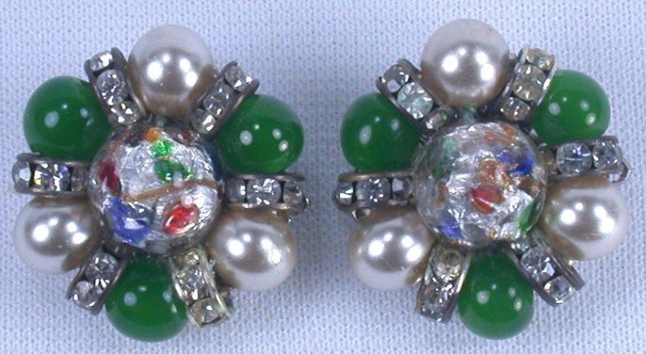 Vintage German Foil Glass Bead Necklace & Earrings Set